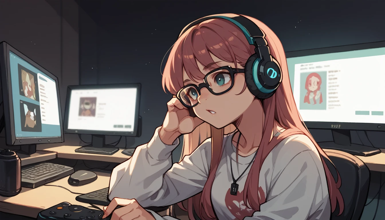 In a dark room、Girl in headphones looking at the monitor、Wear glasses