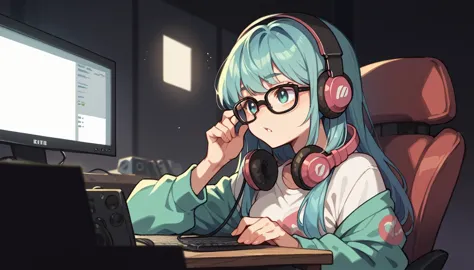 in a dark room、girl in headphones looking at the monitor、wear glasses