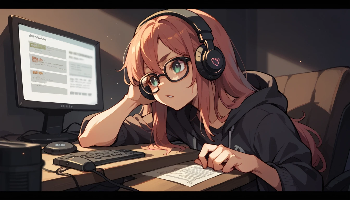 In a dark room、Girl in headphones looking at the monitor、Wear glasses