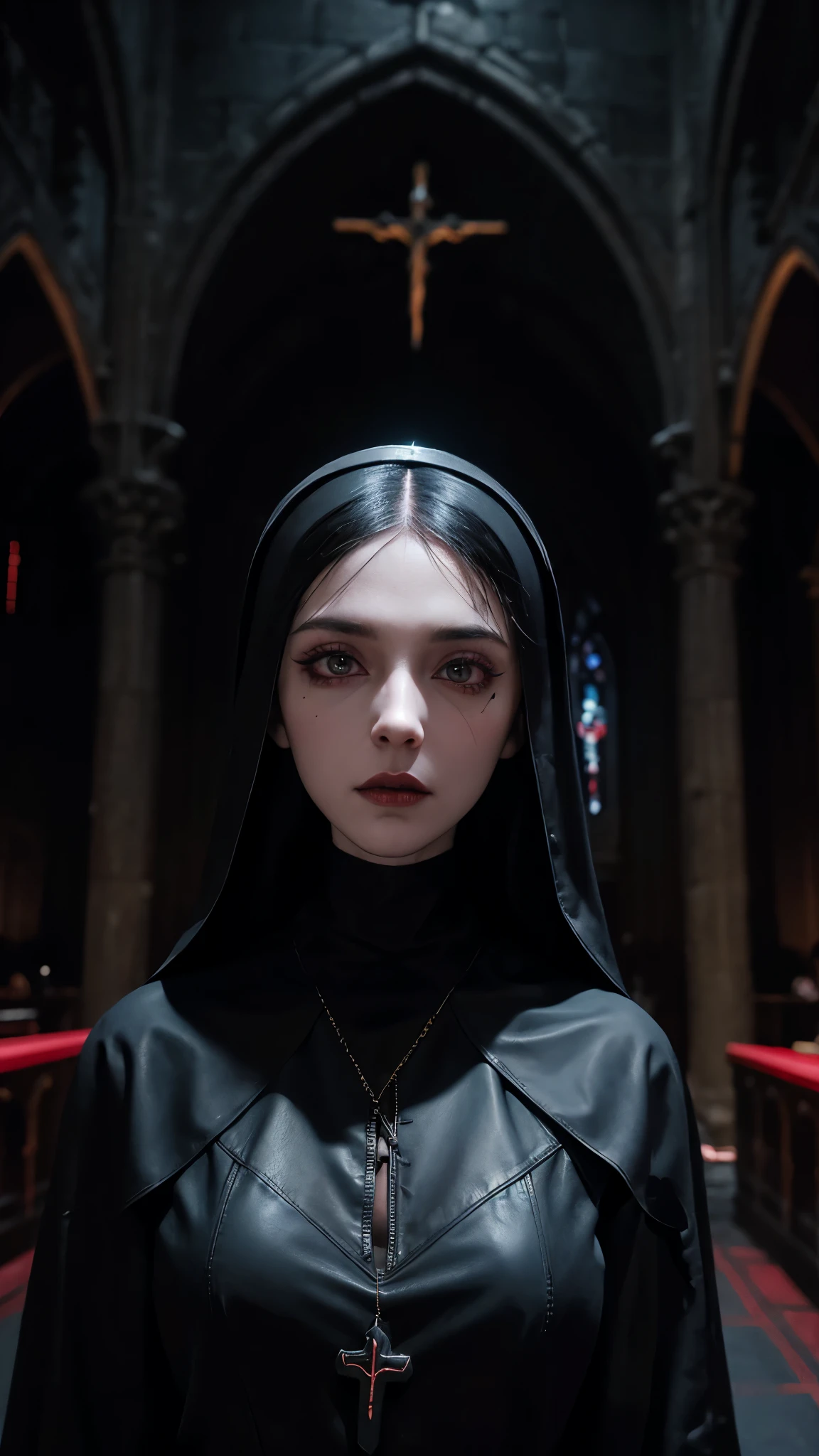 raw, analog) (gothic nun ), set in the 1990's, surreal make up, leather clothes inside a gothic church at night, neon lights, very dark, horror, red shades, chaos, sinister, high details, ultra realistic, SonyA7III, cinematic lighting, film, grain, UHD faces, volumetric shadow, insanely detailed,  