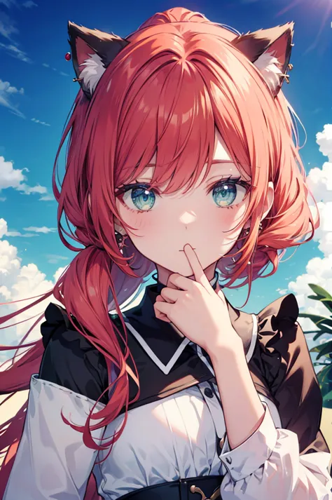 fantasy　redhead　ponytail　beauty　green eyes　cat ear　have　big earrings