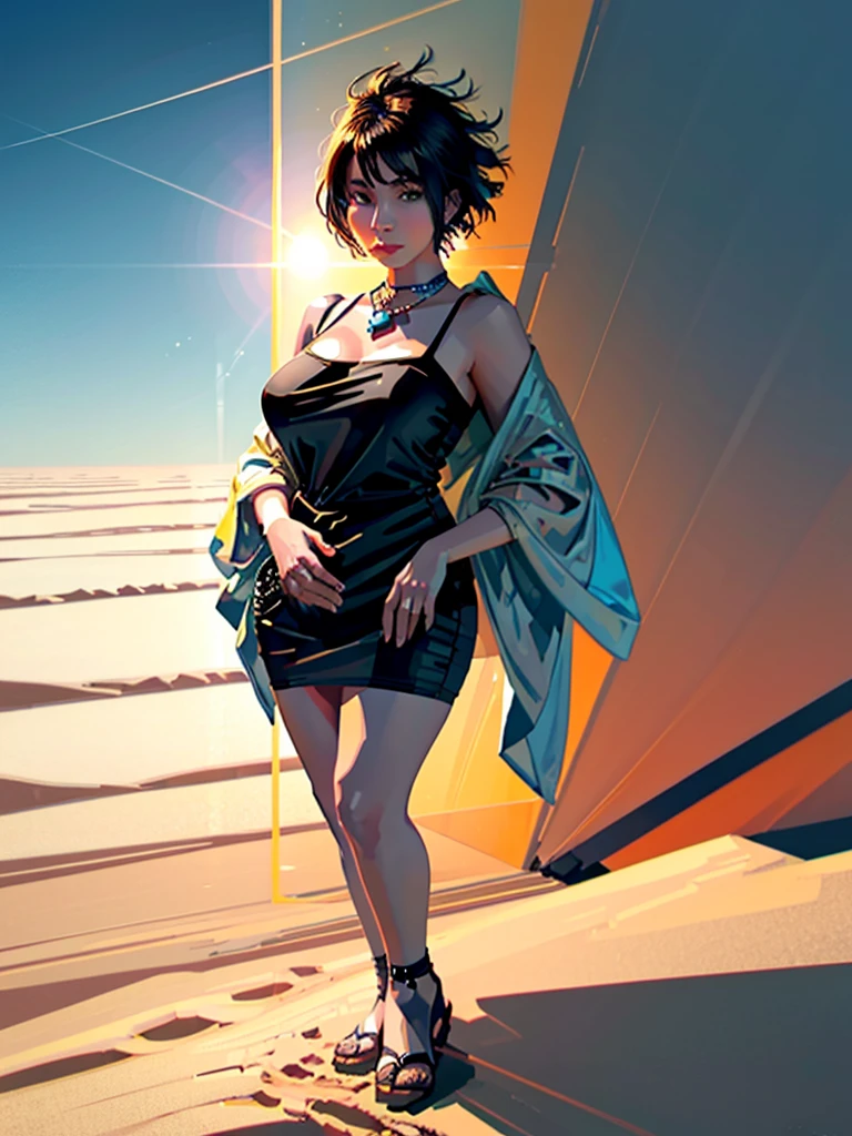 A young plus size Asian model;  short Chanel hair; wearing items from the autumn/winter 2024 collection; standing on top of a dune.  In front of her, a huge glass window stands upright, half buried in the sand and a large mirror next to it, where the model looks at herself.  Desert dunes in the background with the setting sun at the height of the model's right shoulder.