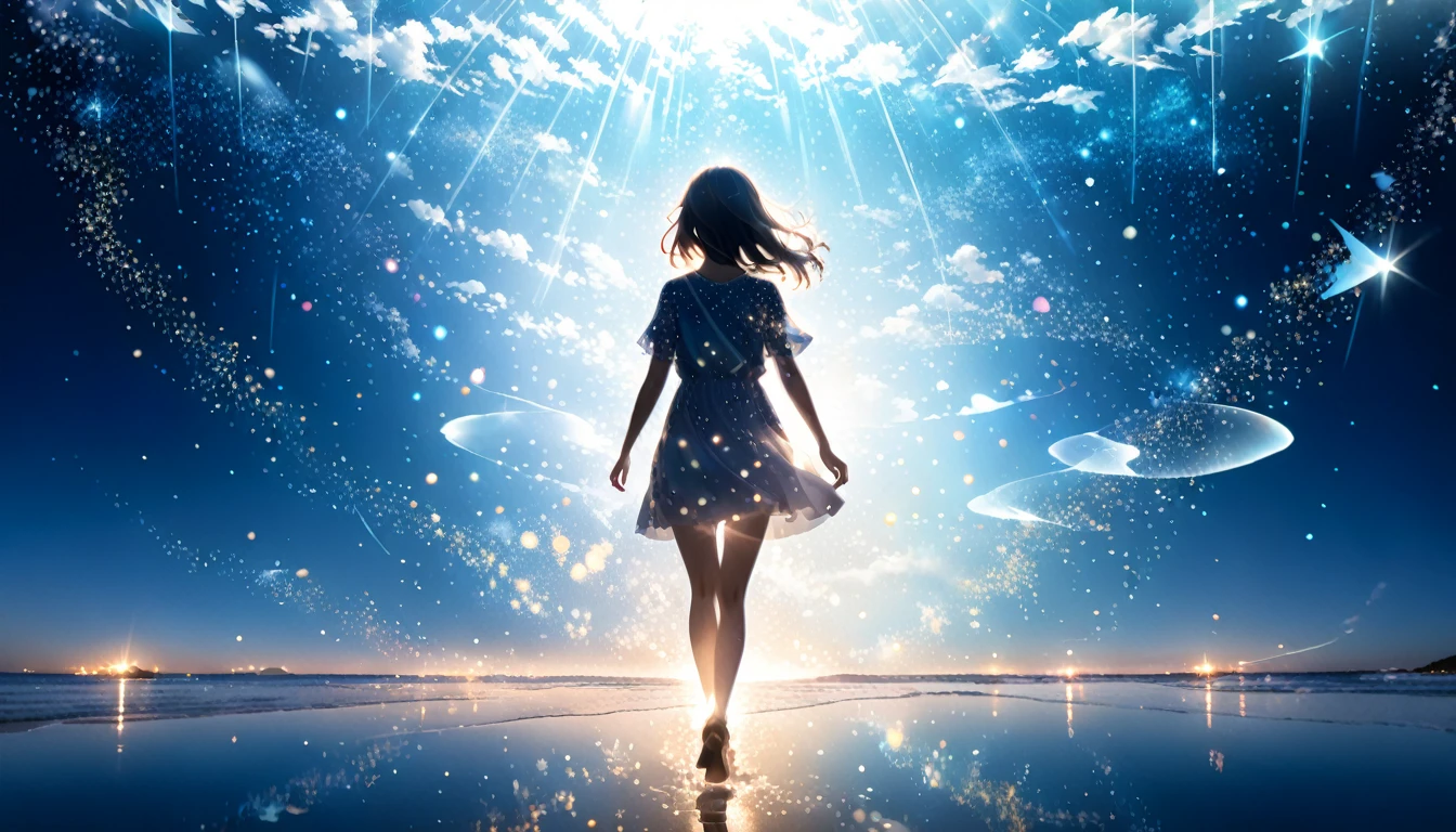 (Double exposure:1.4)Sea of Light、Particles of light、Future、Fantasy、Walking Girl