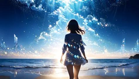 (Double exposure:1.4)Sea of Light、Particles of light、Future、Fantasy、Walking Girl
