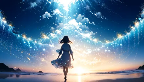 (double exposure:1.4)sea of light、particles of light、future、fantasy、walking girl