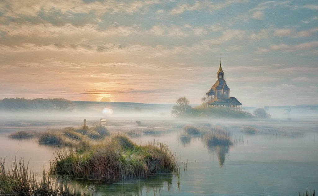 In this mystical scene a shining Orthodox church rises from the murky waters of a primordial swamp, the ornate black domes and crosses of the church are shrouded in mist, in the background a modern cityscape stretches beyond the horizon, sky and clouds, sunrise, undead, zombies burn, die in the swamp from the glow of the rays, the eerie silence of the swamp envelops the atmosphere, in the foreground grass and driftwood, by Aivazovsky , Stefan Koidl, Andrew Kuzinskiy, environmental artwork, awarded on artstation