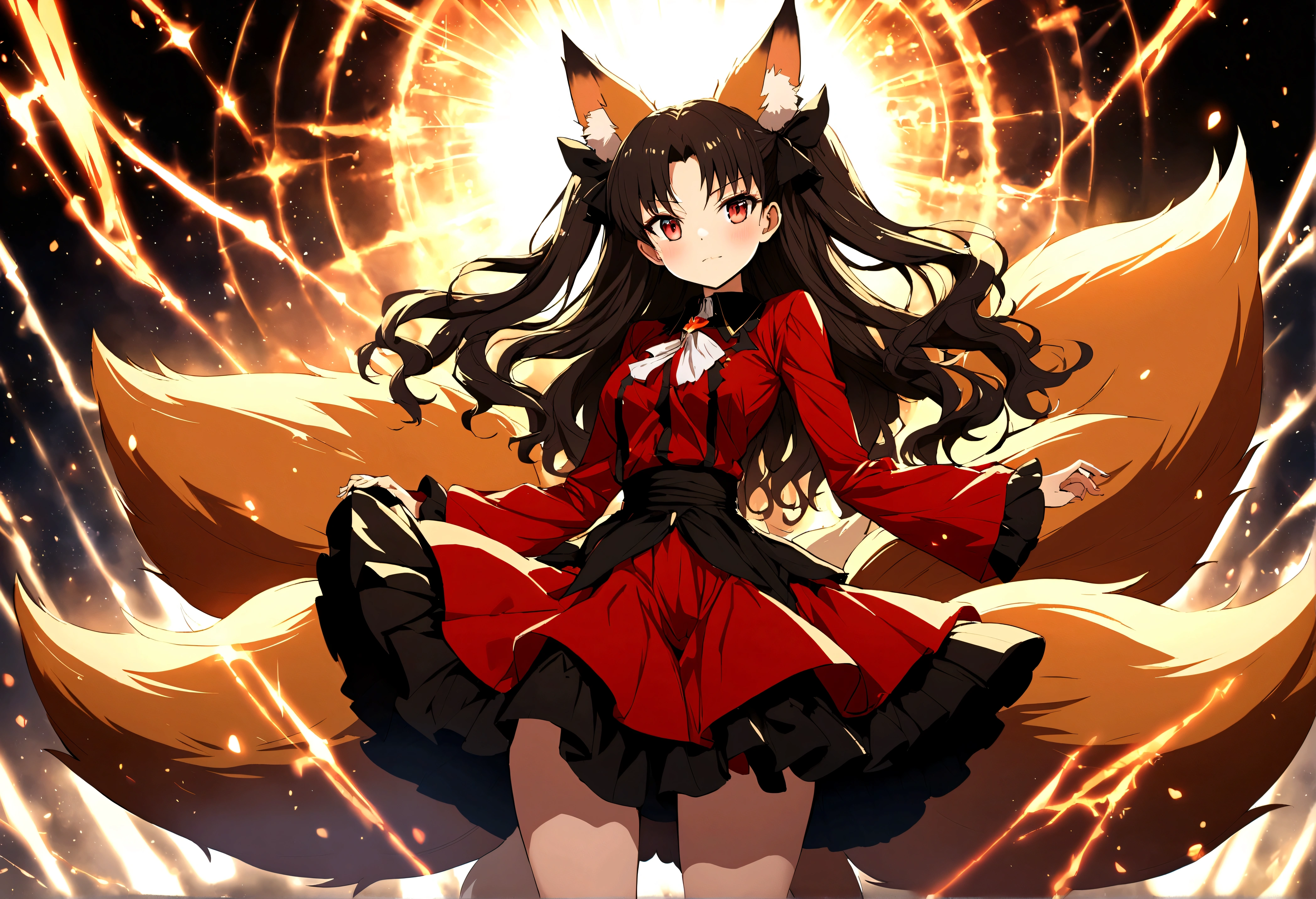 blue,(Tohsaka Rin),(fox ear),(fox tail),(cosplay fox-girl),extremly detailed