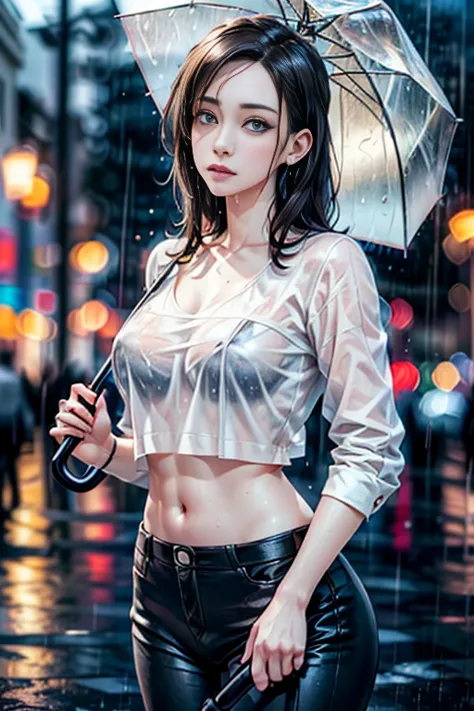 ((Stoya holding an umbrella handle:1.1))、(raining:1.4)、in the city、Close and distant views、(Highest quality、4K、8K、High resolutio...