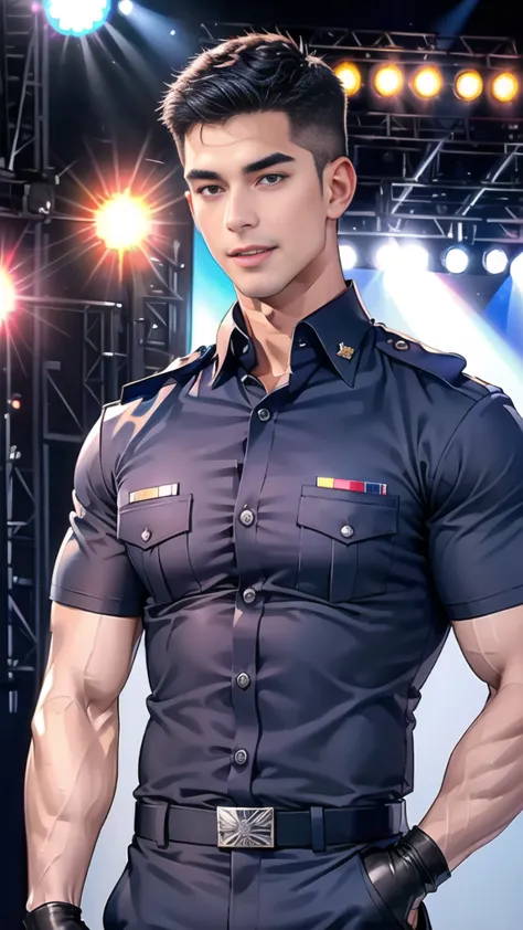 handsome man,(crew cut short hair:1.2),black eye,smile,open mouth
(navy police uniform:1.2),(shirt short sleeves:1.2),collar,(sh...