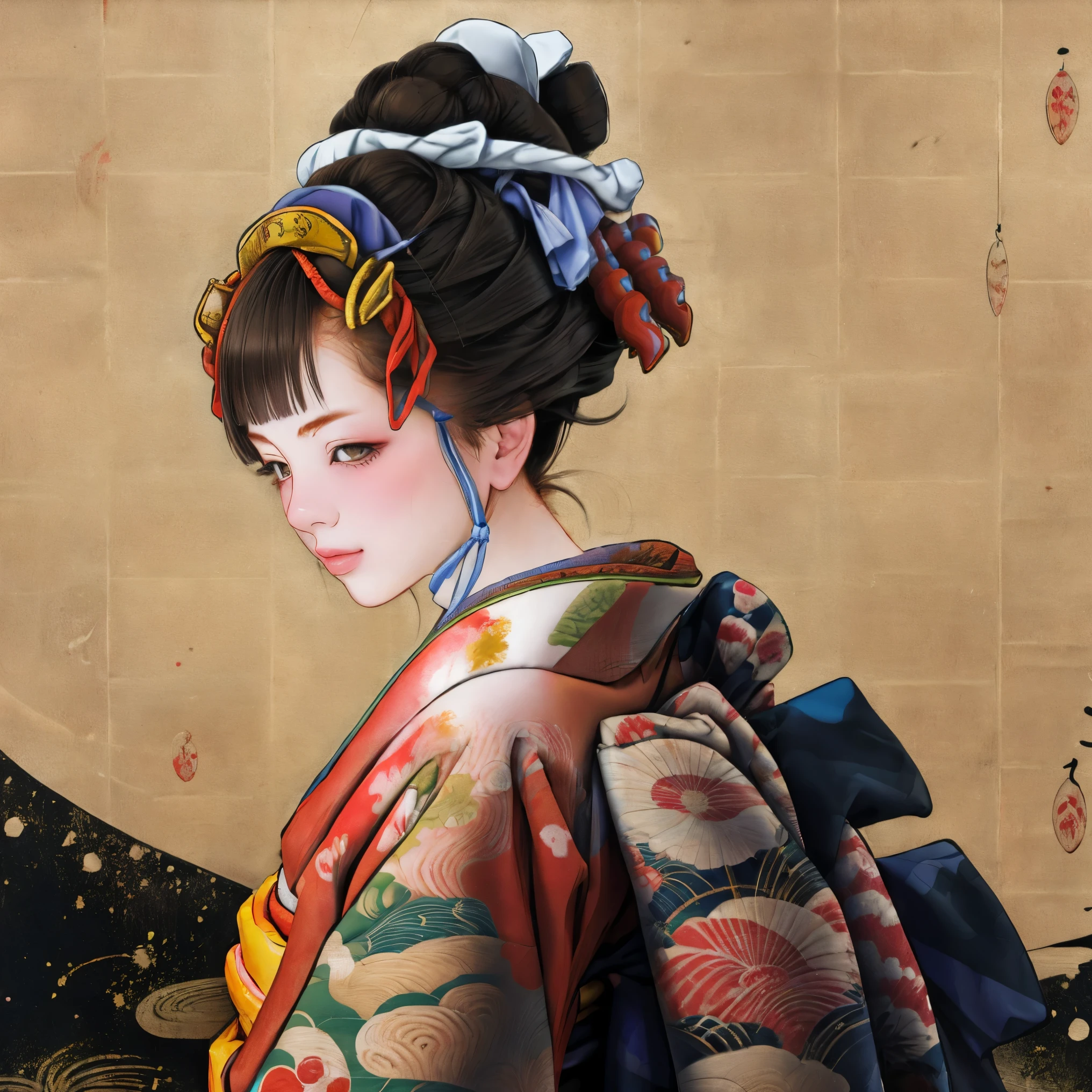 1 chica, alone, Oiran, países, País, mirando a la audiencia, cabello corto, Ojos cafés, Pelo castaño, pelo negro, adornos para el cabello, Parte superior del cuerpo, kimono, flequillo contundente, kimono, faja, compensar, corte de pelo bob,