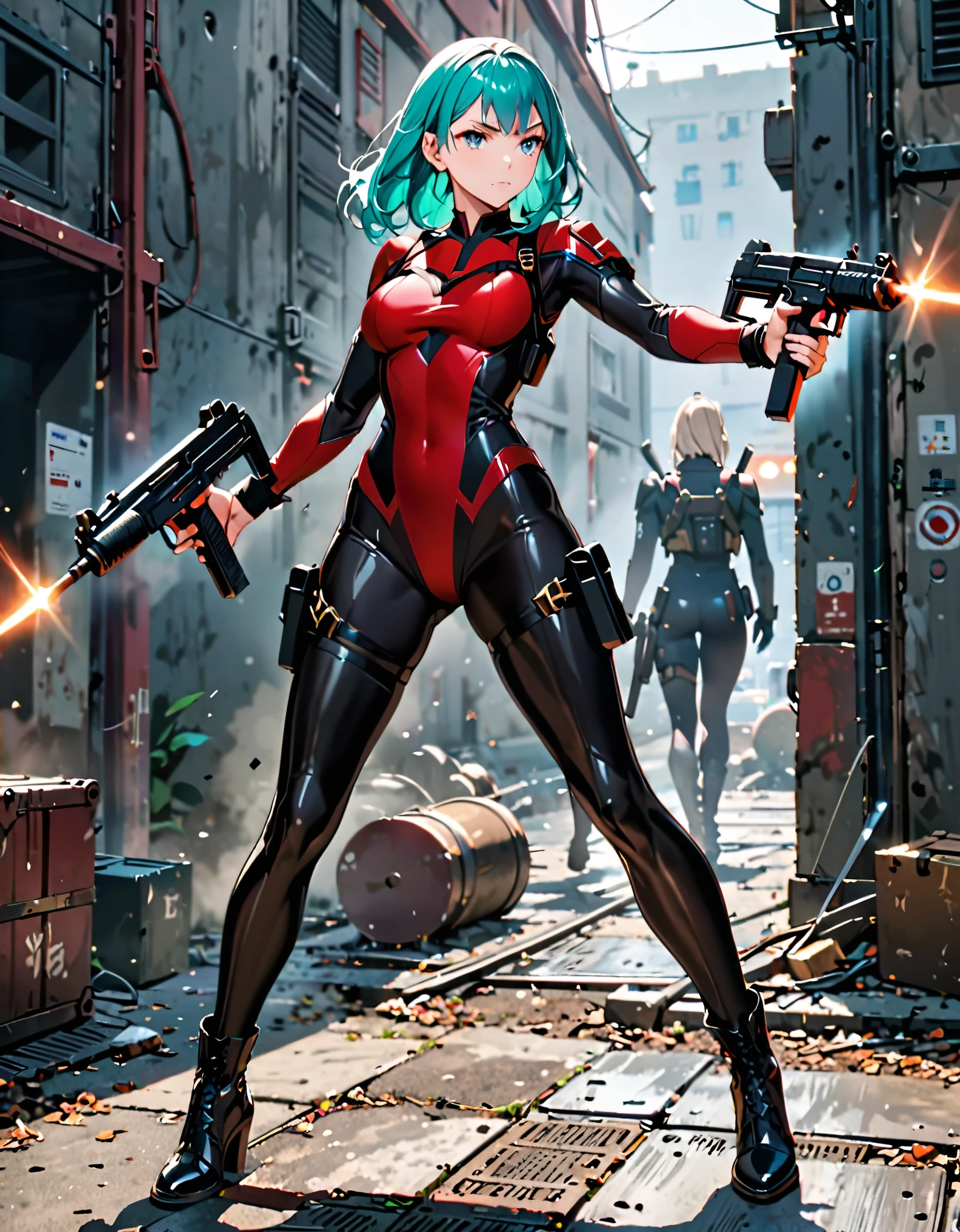 masterpiece, highly detailed, best quality, high quality, 1girl, (solo, solo focus), grey eyes, beautiful detailed eyes, beautiful detailed face, (perfect hands, complete fingers), perfect anatomy, perfect proportions, long aqua hair, (holding uzi), detailed shadows, detailed light, (black skintight bodysuit, (red leotard), shoulder holster), (full black pantyhose, skintight black leggings, perfect fit), matching boots, full body, serious, full body costume design
