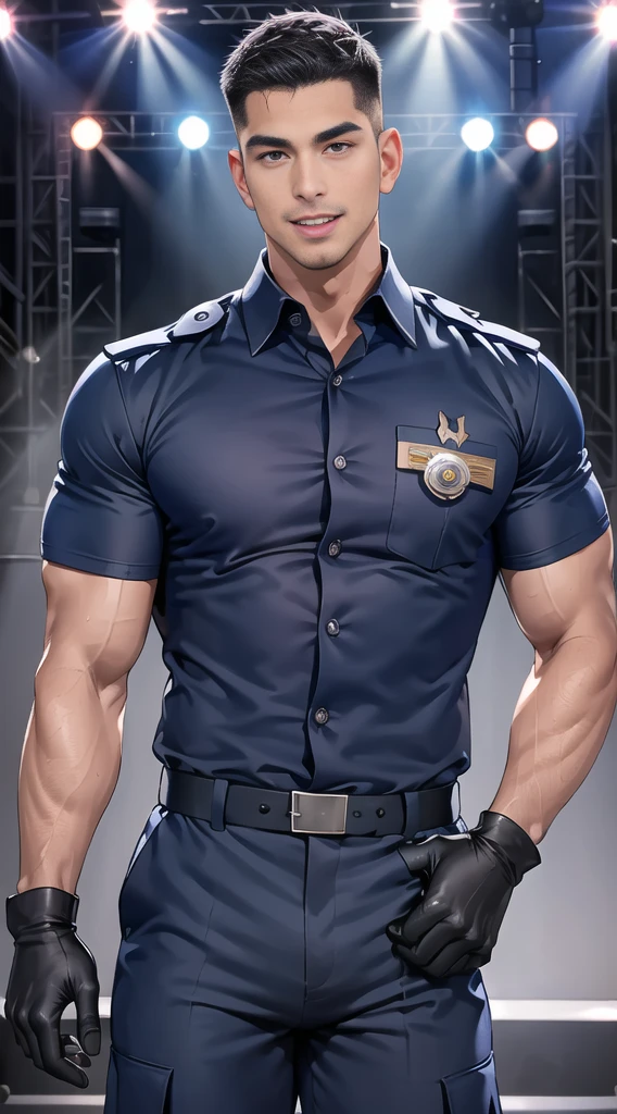 handsome man,(crew cut short hair:1.2),black eye,smile,open mouth
(navy police uniform:1.2),(shirt short sleeves:1.2),collar,(shirt covered over:1.2),(name tag and Police badge:1.2),(shirt no buttons:1.1),(black_gloves:1.3),
(Navy blue cargo:1.2),Korean guy,korean men,(High gloss details),(chest muscles:1.2),(large arm muscles:1.2),blood vessel,Big muscles,Broad shoulders,looking at the audience,Balancing the eyes,middle of the road,(stage:1.4),