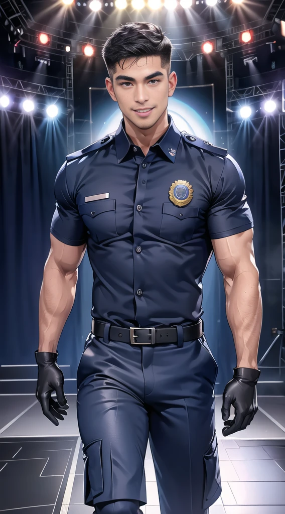 handsome man,(crew cut short hair:1.2),black eye,smile,open mouth
(navy police uniform:1.2),(shirt short sleeves:1.2),collar,(shirt covered over:1.2),(name tag and Police badge:1.2),(shirt no buttons:1.1),(black_gloves:1.3),
(Navy blue cargo:1.2),Korean guy,korean men,(High gloss details),(chest muscles:1.2),(large arm muscles:1.2),blood vessel,Big muscles,Broad shoulders,looking at the audience,Balancing the eyes,middle of the road,(stage:1.4),