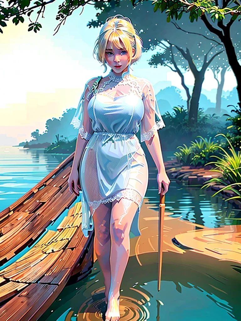 A young blonde plus size model;  short hair ;  sensual body;  voluminous and wide nipples;  wearing a lace, semi-transparent, pearl white tunic with sparkling glitter;  she parades holding a large red umbrella (the walkway is made of rustic wood over a lagoon with calm waters almost at the same level).  In the background a tropical forest half covered by rain.  Rainy and humid weather.  Hyper-realistic effect.