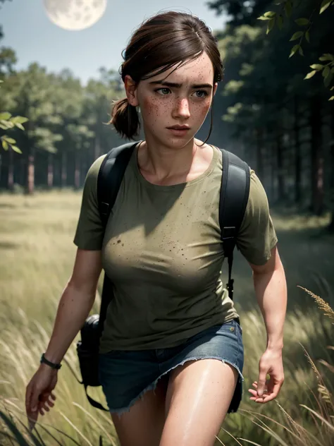 masterpiece, (Ellie, tlou2), half body shot, I make my way through the tall grass, slippery body, Very , white skin with freckle...