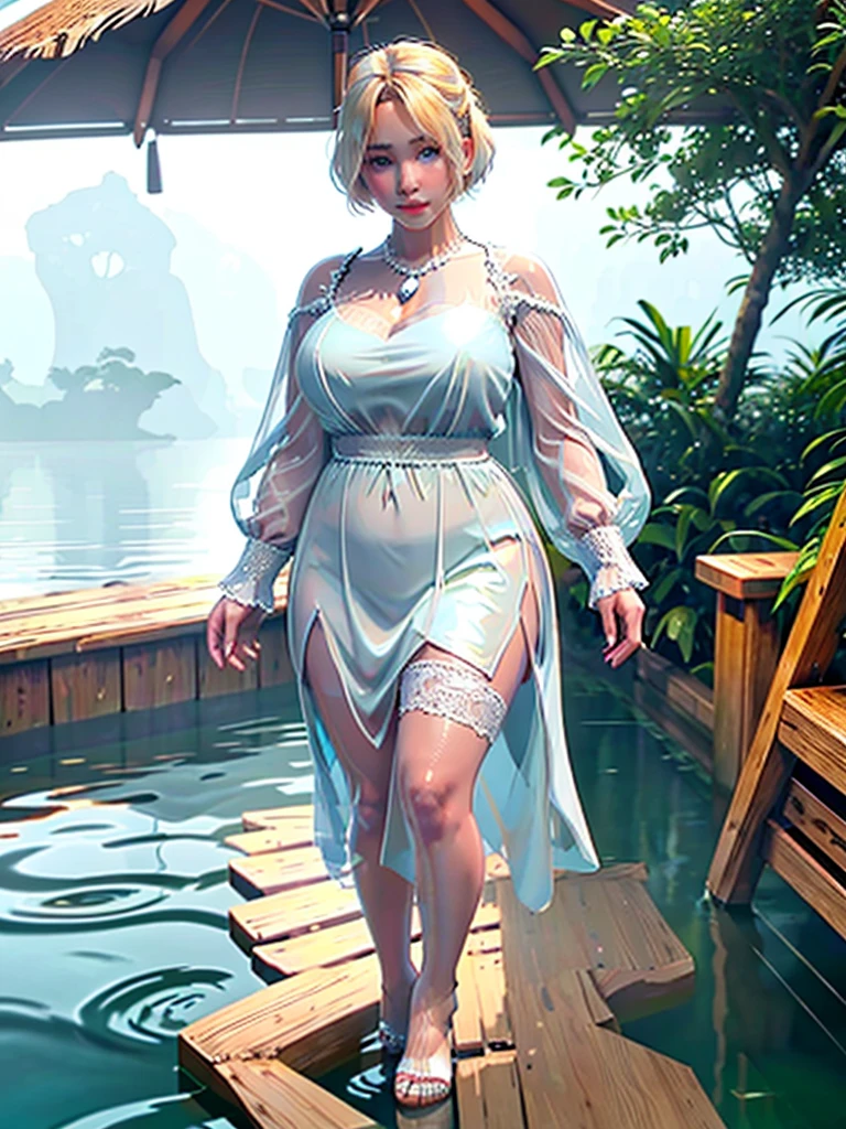 A young blonde plus size model;  short hair ;  sensual body;  voluminous and wide nipples;  wearing a lace, semi-transparent, pearl white tunic with sparkling glitter;  she parades holding a large red umbrella (the walkway is made of rustic wood over a lagoon with calm waters almost at the same level).  In the background a tropical forest half covered by rain.  Rainy and humid weather.  Hyper-realistic effect.