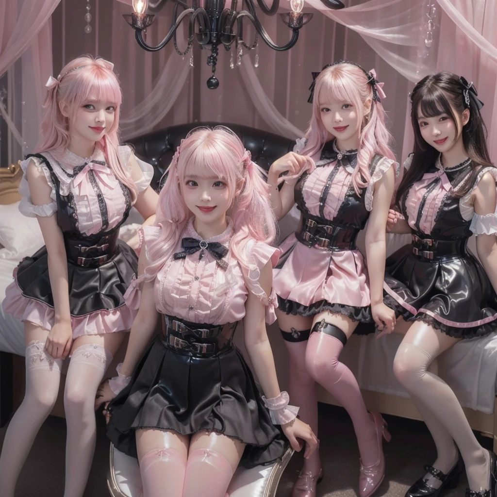 8K resolution, surreal, Super detailed, high quality, perfect anatomy, jammed, (4 girls)++, group shot, perfect proportion, full body, (((shiny pink satin, shiny pink latex, jirai fashion, shiny sailor collar, short dress with many frills, pink Lace, micro mini skirt, bow ribbon)))+, (((bleached hair)))+, ((super large breasts)), sitting on bed, (At the bedroom with Chandelier at late night), ((see-through black thighhighs))+, looking at viewer, shiny skin, ((grin, smile, happy)), open mouth
