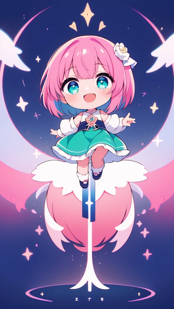 (Highest quality, masterpiece), (Ultra-high resolution),1 girl , Bobcut,  chibi,Laughing、Holding a tarot card in one hand、Blue-green dress、Pink and teal gradient hair、Pink and blue gradient eyes、White ribbon in hair