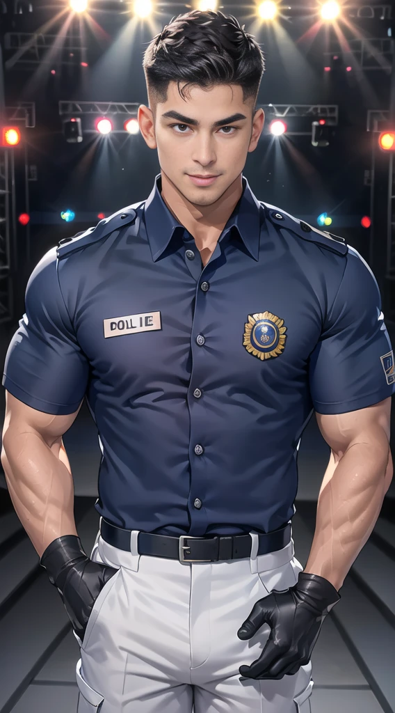 handsome man,(crew cut short hair:1.2),black eye,smile,open mouth (navy police uniform:1.2),(shirt short sleeves:1.2),collar,(shirt covered over:1.2),(name tag and Police badge:1.3),(shirt no buttons:1.1),(black_gloves:1.3), (Navy blue cargo:1.2),Korean guy,korean men,(High gloss details),(chest muscles:1.2),(large arm muscles:1.2),blood vessel,Big muscles,Broad shoulders,looking at the audience,Balancing the eyes,middle of the road,(stage:1.4),