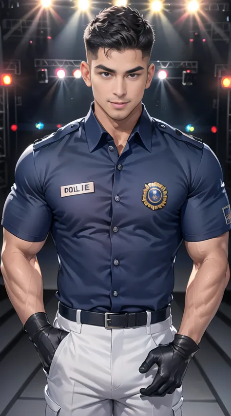 handsome man,(crew cut short hair:1.2),black eye,smile,open mouth (navy police uniform:1.2),(shirt short sleeves:1.2),collar,(sh...