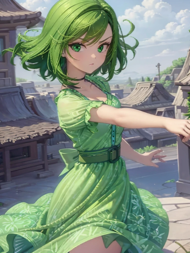 1girl, solo, green skin, green eyes, big eyes, long eyelashes, green hair, short hair, shiny hair, medium breasts, green dress, apron dress, floral print dress, green belt, purple scarf, translucent scarf, green leggins, looking at viewer, bare arms, disgust face, narrow waist, big butt, covered nipples, violet lips,