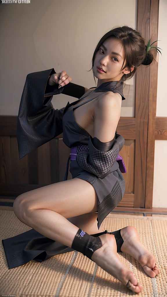 Female ninja wearing short kimono wearing fishnet with sexy bare feet and black toes exposed with boob cleavage showing showing butt 