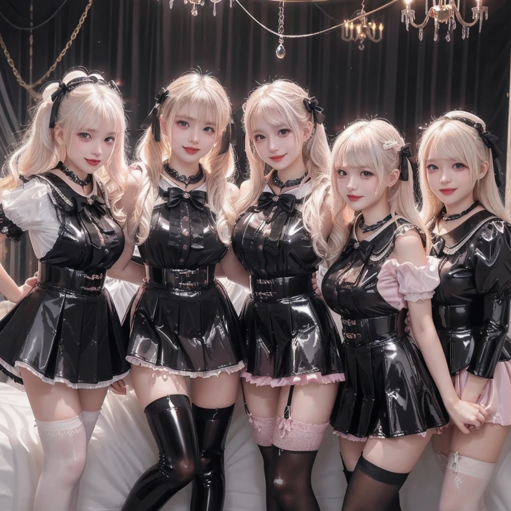 8K resolution, surreal, Super detailed, high quality, perfect anatomy, jammed, (4 girls)++, group shot, perfect proportion, full body, (((shiny satin, shiny latex, jirai fashion, shiny black sailor collar, shiny white sailor uniform, short dress with many frills, pink Lace, shiny black pleated micro mini skirt, bow ribbon)))+, (((bleached hair)))+, ((super large breasts)), sitting on bed, (At the bedroom with Chandelier at late night), ((see-through black thighhighs))+, looking at viewer, shiny skin, ((grin, smile, happy)), ((wearing black face mask))
