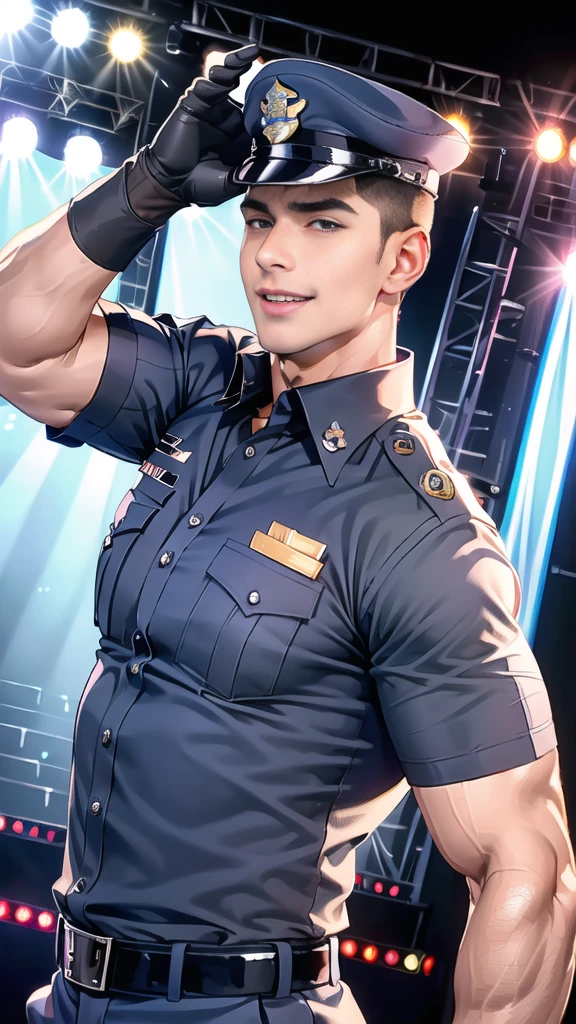 handsome man,(crew cut short hair:1.2),black eye,smile,open mouth
(navy police uniform:1.2),(shirt short sleeves:1.2),collar,(shirt covered over:1.2),(name tag and Police badge:1.2),(shirt no buttons:1.1),(black_gloves:1.3),
(Navy blue cargo:1.2),Korean guy,korean men,(High gloss details),(chest muscles:1.2),(large arm muscles:1.2),blood vessel,Big muscles,Broad shoulders,looking at the audience,Balancing the eyes,middle of the road,(stage:1.4),