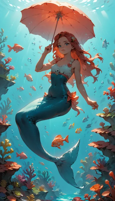 minimalist travel，diving，mermaid，ariel、the girl is holding an umbrella and putting her hand on her cheek, gazing into the distan...