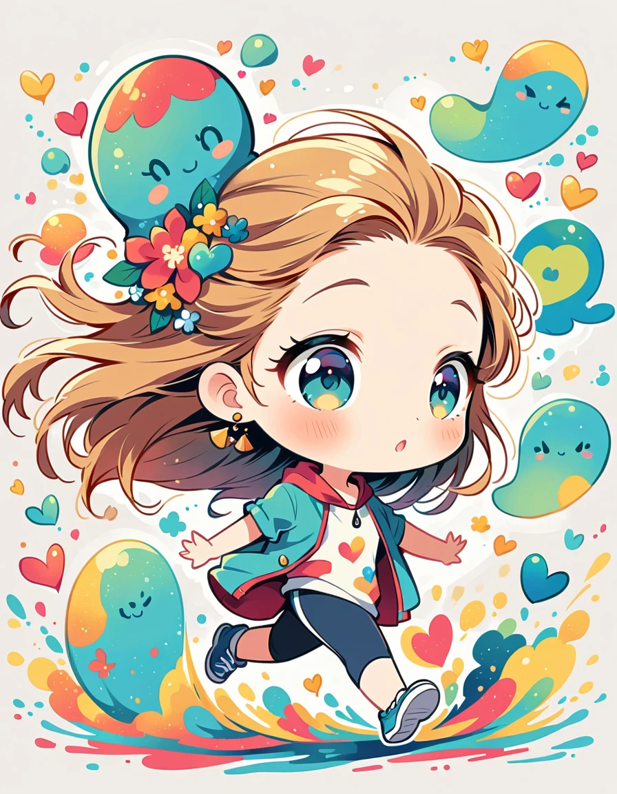 Mai Yoneyama style, Simple Line Initialism，Abstract art，Urban Background, colorful hearts ,(((The most beautiful girl of all time))), (((chibi))), (((Cute amoeba))), jogging