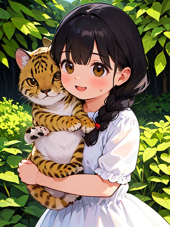 (Highest quality,4K,8K,High resolution,masterpiece:1.2), Very detailed, (Deformed, Realistic, Realistic:1.3)，One Girl，cute，Very short stature，，Laughing happily, Brown eyes，length, fluffy, Black hair braids，White short dress，Hug a cheetah，Cheetahs are much bigger than girls...，This cheetah is a male African cheetah..，The background in early summer is the garden of a country house，Clothes are transparent from cold sweat，