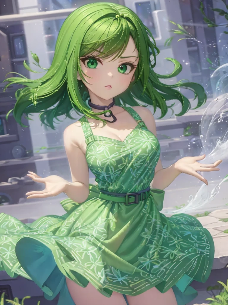 1girl, solo, beautiful girl, green skin, green eyes, big eyes, long eyelashes, green hair, short hair, shiny hair, medium breasts, green dress, apron dress, floral print dress, green belt, purple scarf, green leggins, looking at viewer, bare arms, disgust face, narrow waist, big butt, covered nipples, violet lips, lip gloss, 