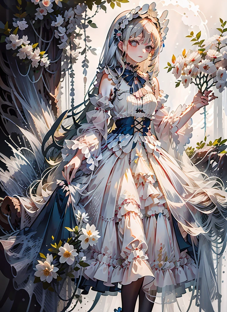 (Extremely delicate and beautiful:1.5),A Russian girl in her early 20s with ash grey hair, standing on your feet, solo, full body，Sweet face，Light smile，By bangs, Gemstone eyes, Contre-Jour，Long curly hair, Black-othic-lolita dress, Keep one's mouth shut, seen from the side, lanterns, light particules, longer sleeves, looking at viewert，pink bows, The background is filled with seven colors, The face is dense((must)), Masterpiece