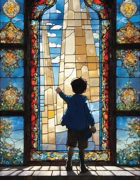 Super Long Shot, blue sky, wall, Stained glass windows made with d4bz,Cat pattern,A boy grabs it and takes it out