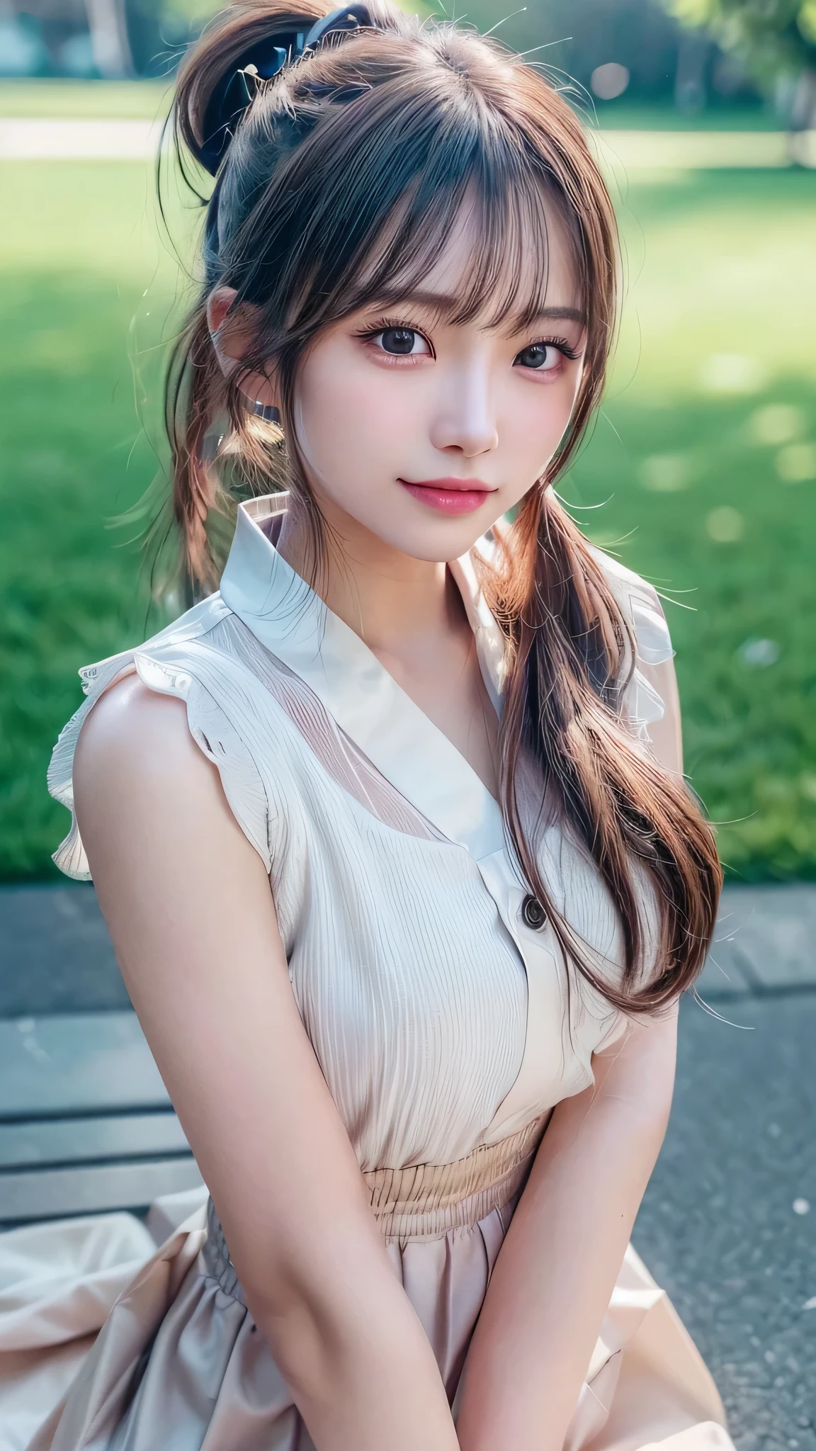 One piece with collar,outdoors,Urban Park,On the lawn,Ultra-detailed, finely detail, hight resolution, 8K Wallpaper, Perfect dynamic composition, Beautiful detailed eyes,Outdoor,Close-up of face,Outdoor,Blushing,Facing forward,,Long hair ponytail,((8k, Raw photo, Best Quality, Mastepiece:1.2), (Realism, Photorealistic:1.4), (Highly detailed 8K wallpapers), Depth of written boundary, Cinematic Lighting, Soft Light, Detailed Beauty Eye,Shiny and smooth light brown ponytail, Asymmetrical bangs, Shiny skin, Ultra-detailed skins ,It is high resolution., High detail, Detailed hairstyle, Detailed facial beauty, Hyper-realistic, Perfect limbs, Perfect Anatomy ,1 Japanese girl,Famous Japanese Idols, Perfect female body,A shy smile,Short eyelashes,Double-edged eyelids,Look straight here,Hair style: ponytail,