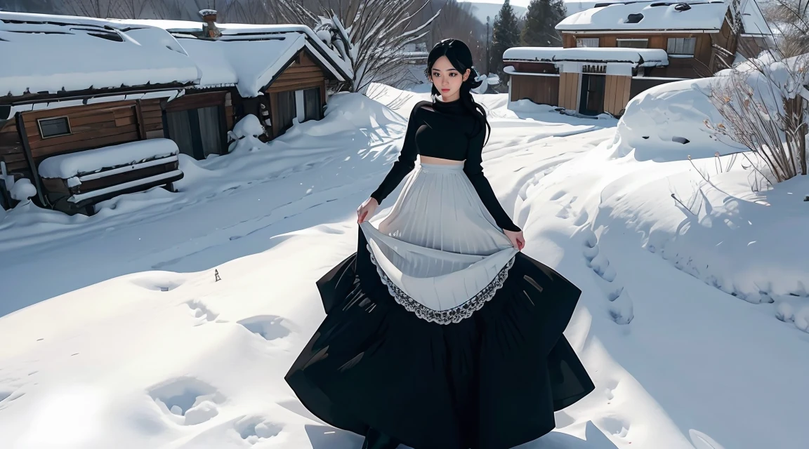 (best quality,high resolution:1.2), very detailed, realistic portrait, sexy woman,, pretty face, perfect long legs, whole body, small waist. big bust, standing, tight white jumper, black high waist leggings, pink and white boots, in the snow, big blue eyes, Long black hair tied with a ribbon, tight high waist skirt, wool socks, Scarf around the neck