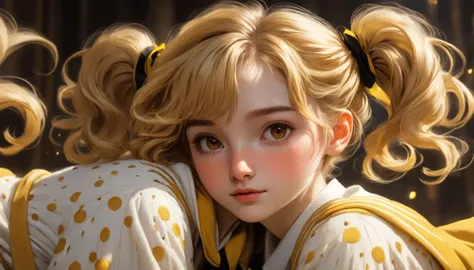 best quality, Masterpiece, Hogwarts students, Hufflepuff, Short hair with high twin tails., Short hair with golden blonde twin t...