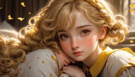 best quality, Masterpiece, Hogwarts students, Hufflepuff, Short hair with high twin tails., Short hair with golden blonde twin t...