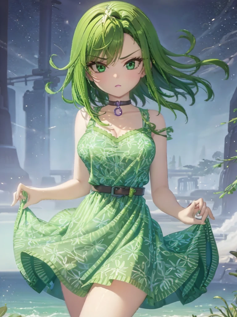 1girl, solo, beautiful girl, green skin, green eyes, big eyes, long eyelashes, green hair, short hair, shiny hair, medium breasts, green dress, apron dress, floral print dress, green belt, purple scarf, green leggins, looking at viewer, bare arms, bare shoulders, disgust face, narrow waist, big butt, covered nipples, violet lips, lip gloss, perfect hands, perfect anatomy,