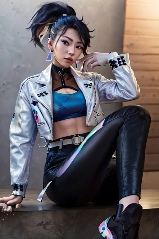 masterpiece, best quality, highres, akali, 1girl, k/da \(league of legends\), solo,  (black hair:1.1), blonde hair, (multicolored hair:1.1), jewelry, fingerless gloves, cropped jacket, midriff, earrings, two-tone hair, open jacket, black gloves, black pants, crop top, blue eyes, belt buckle, ponytail, cowboy shot, evil smile,sits,legs up,feet wet