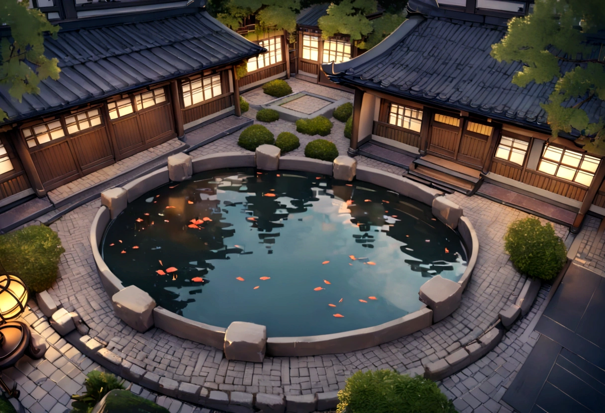 Aerial view, Outdoor koi pond surrounded by zen garden with a brick bench in the middle and brick bridges