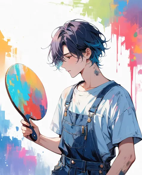 (work of art, better quality:1.2), 1 man, alone, wear dirty overalls., with brush and palette in hand. short hair, colorful and ...