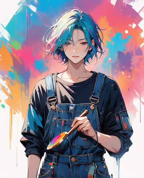 (work of art, better quality:1.2), 1 man, alone, wear dirty overalls., with brush and palette in hand. short hair, colorful and ...