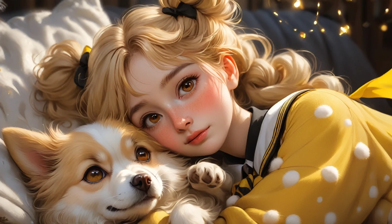 mejor calidad, obra maestra, estudiantes de hogwarts, Hufflepuff, Pelo corto con colas gemelas altas.., Cabello corto con dos colas rubias doradas..,Hermosos sueños,Junto a su adorable cachorro pomerania., lindo y brillante, pecas en la cara, detalles de ojos marrones, cara detallada, Piel hermosa, luz tenue, misterioso, sombra suave, textura fina, luz dinámica,