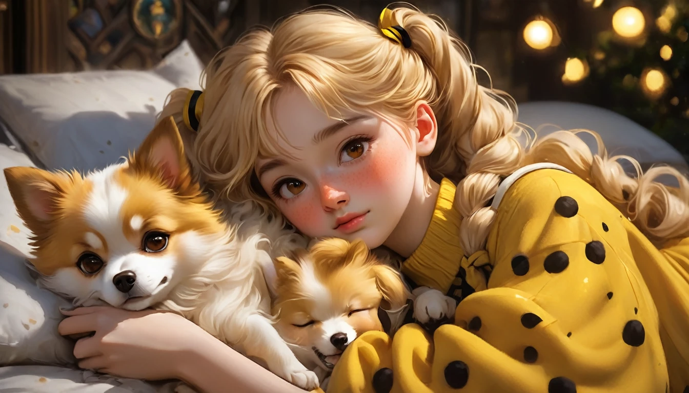 best quality, Masterpiece, Hogwarts students, Hufflepuff, Short hair with high twin tails., Short hair with golden blonde twin tails.,Beautiful  sleeps,Along with her adorable Pomeranian puppy., cute and bright, Freckles on the face, brown eyes details, detailed face, Beautiful skin, soft light, mysterious, soft shadow, Fine texture, dynamic light,