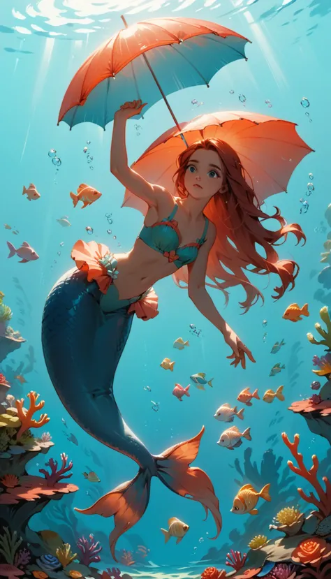 minimalist travel，diving，mermaid，ariel、the girl is holding an umbrella and putting her hand on her cheek, gazing into the distan...