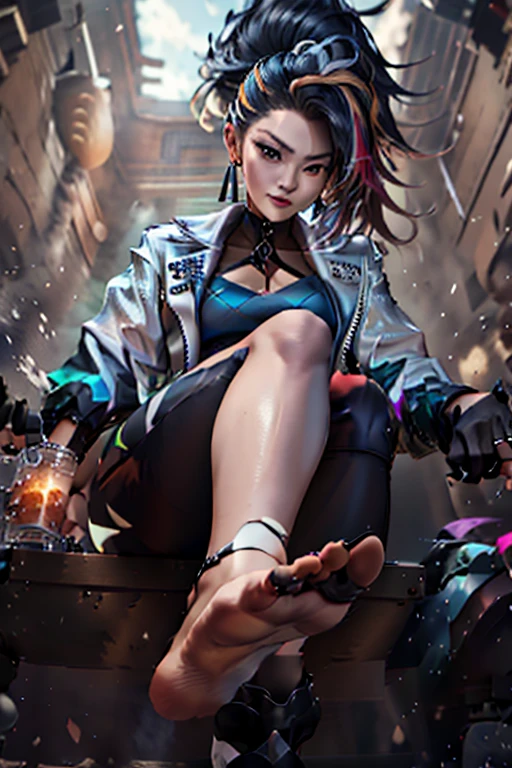 masterpiece, best quality, highres, akali, 1girl, k/da \(league of legends\), solo,  (black hair:1.1), blonde hair, (multicolored hair:1.1), jewelry, fingerless gloves, cropped jacket, midriff, earrings, two-tone hair, open jacket, black gloves, black pants, crop top,no shoes, blue eyes, belt buckle, ponytail, cowboy shot, evil smile,sits,legs up,feet wet