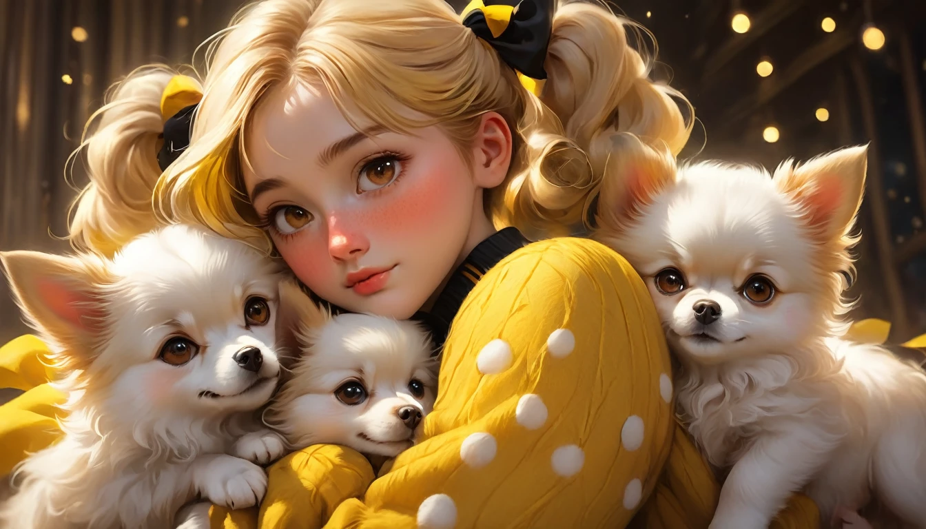 best quality, Masterpiece, Hogwarts students, Hufflepuff, Short hair with high twin tails., Short hair with golden blonde twin tails.,Beautiful  sleeps,Along with her adorable Pomeranian puppy., cute and bright, Freckles on the face, brown eyes details, detailed face, Beautiful skin, soft light, mysterious, soft shadow, Fine texture, dynamic light,