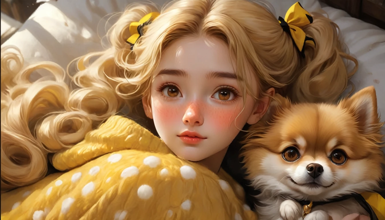 mejor calidad, obra maestra, estudiantes de hogwarts, Hufflepuff, Pelo corto con colas gemelas altas.., Cabello corto con dos colas rubias doradas..,Hermosos sueños,Junto a su adorable cachorro pomerania., lindo y brillante, pecas en la cara, detalles de ojos marrones, cara detallada, Piel hermosa, luz tenue, misterioso, sombra suave, textura fina, luz dinámica,