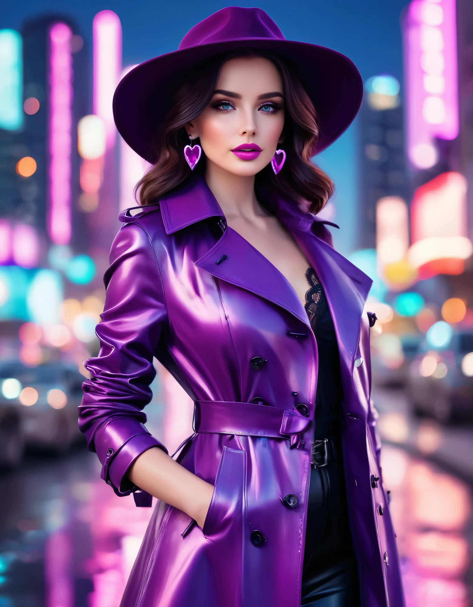 自信がありスタイリッシュな外見のエレガントな女性. 彼女は波状です, 肩までの長さの紫色のハイライトが入った黒髪, リボンで飾られた鮮やかなピンクのつば広の帽子をかぶっています. 彼女の化粧は完璧です, 大胆なアイメイクとピンクの口紅で. 彼女はおしゃれな服を着ている, 光沢のある紫色のトレンチコートに黒のレースのコルセットトップを着る. 彼女のアクセサリーには、大きなハート型のイヤリングと、それにマッチした青い宝石が付いたハート型のペンダントネックレスがあります。. 背景は活気あふれる夜の街並み, ネオンライトに照らされた高層ビルと深い青色の, 星空. 空気中には柔らかく光る粒子がある, シーンの魔法と未来的な雰囲気をさらに高める. 超リアルな写真, 16K, 鮮やかな色彩